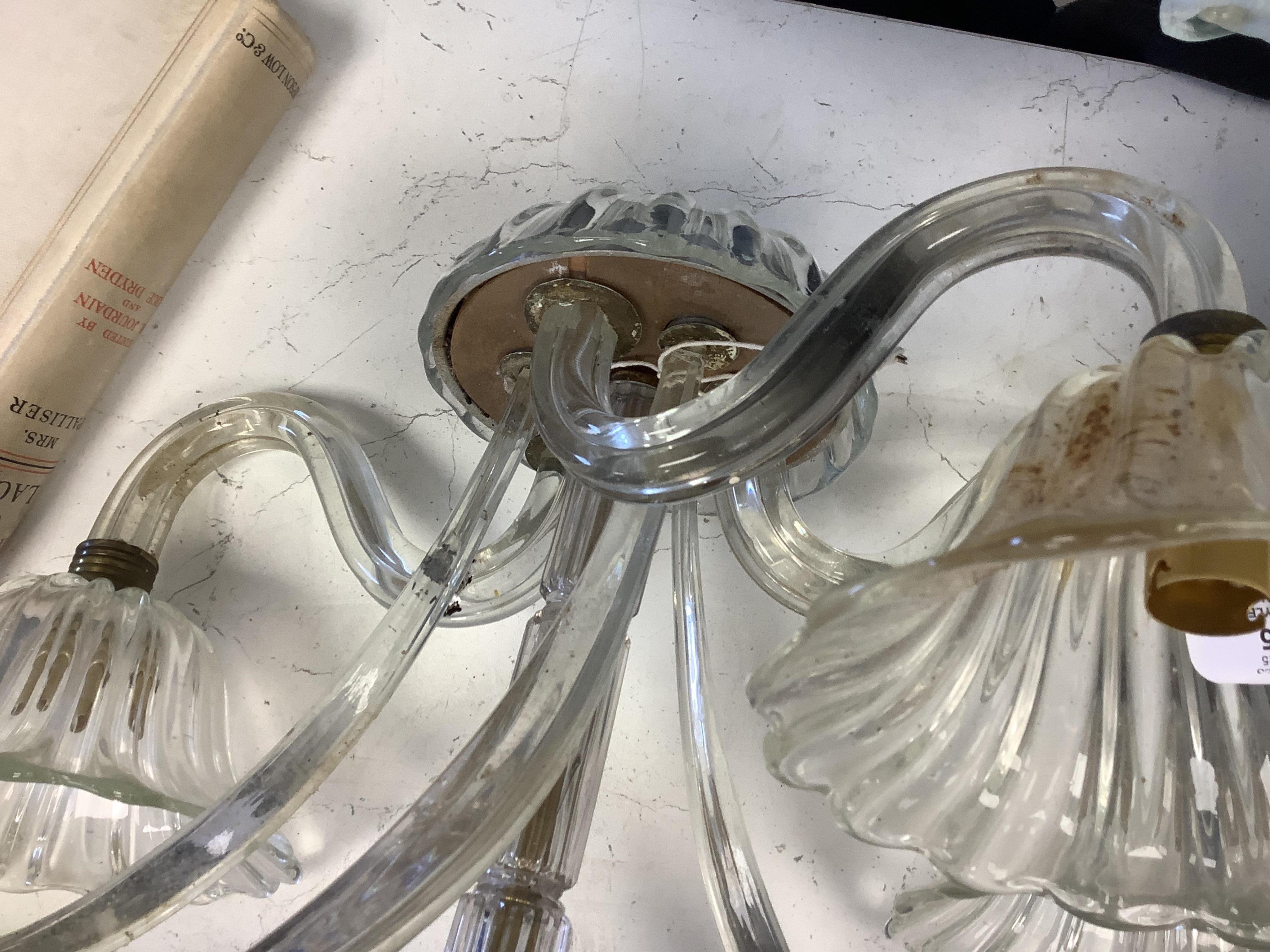 A Venetian style glass three branch floral chandelier, 47cm high.